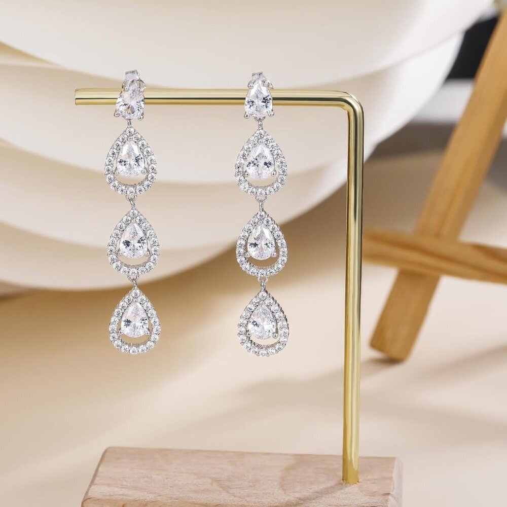 Sterling Silver Dangle Earrings Cubic Zirconia Wedding Bridal Jewelry - Picture 4 of 6